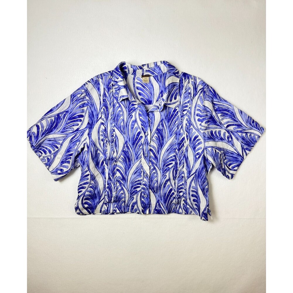 Magaschoni 100% Linen Crop Blouse Medium M Blue White Palm Leaf Pintuck Button